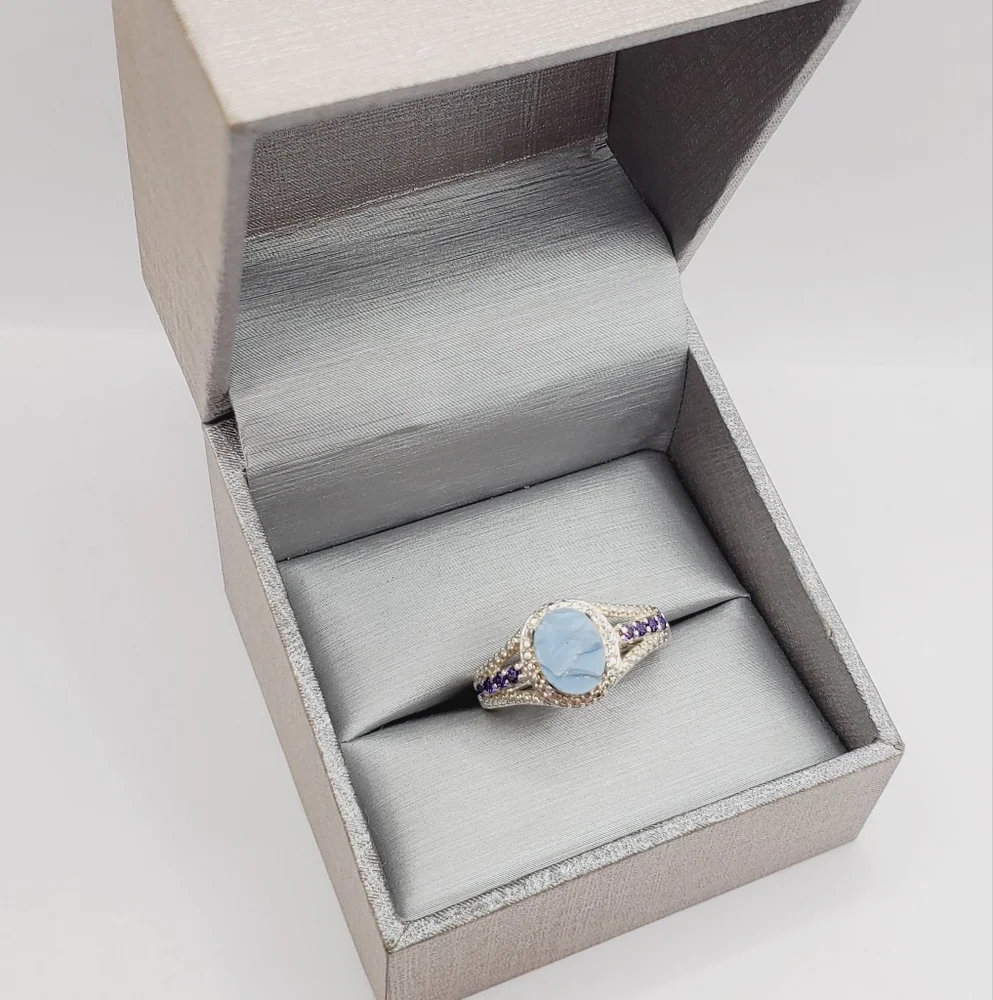 Genuine Rough Cut Blue Oregon Opal & Purple Diamond Simulants 925 Silver Ring